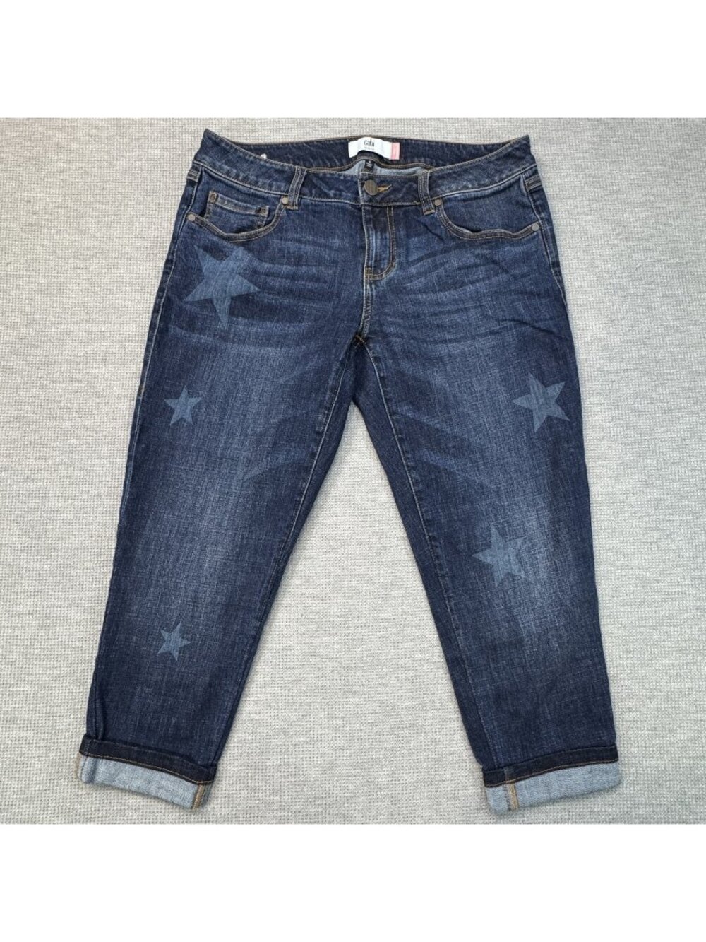 Cabi Boyfriend Star-Print Jeans Cropped Womens Sz 6 Blue Denim Slim Fit Rolled